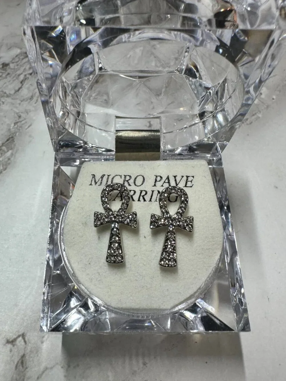 Ankh Stud Earrings Silver Tone CZ Micro Pave Mens Womens Pierced 1 Inch